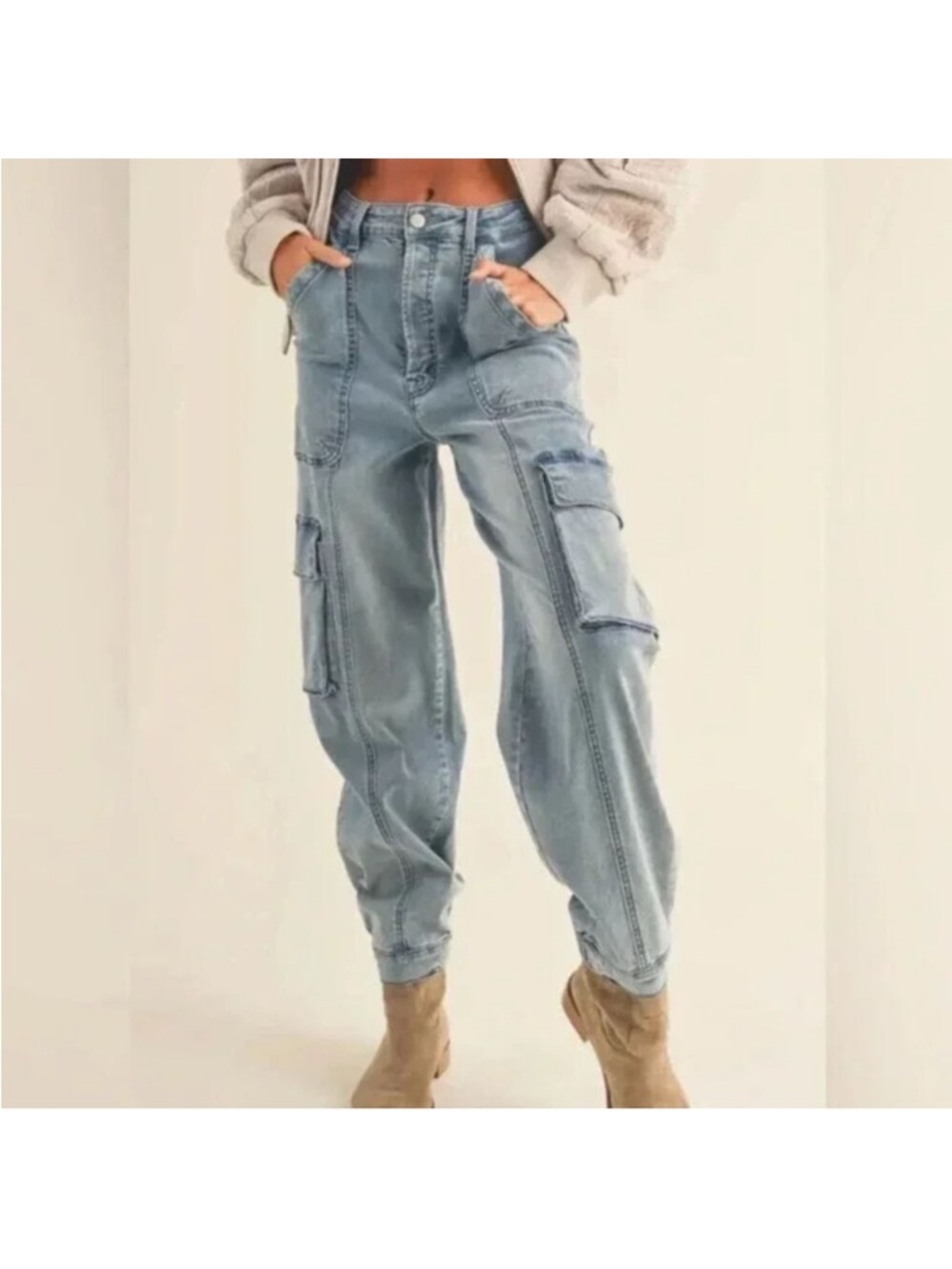 Miou Muse City View Cargo Joggers in Washed Denim Blue Size large
